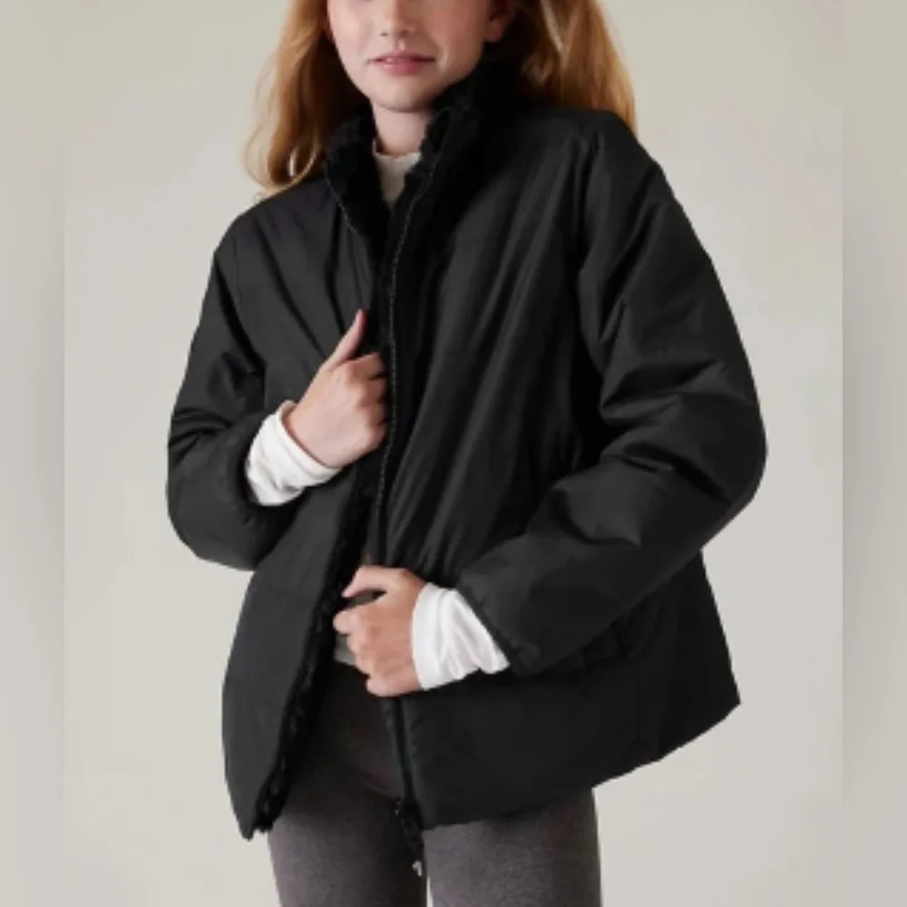 Athleta Girl Cool Days Black Jacket Faux Fur Size: 14